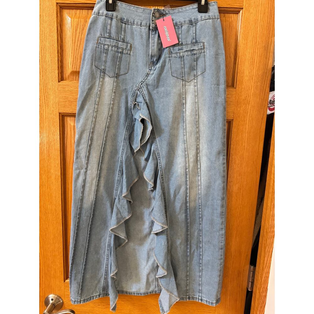Edikted Valencia Ruffle Slitted Denim Maxi Skirt Small (new with tags) - Picture 3 of 7